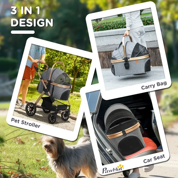 3 In 1 Dog Stroller With Detachable Cabin, 4 Wheel Folding Lightweight Pet Stroller For Small Dogs, Gray