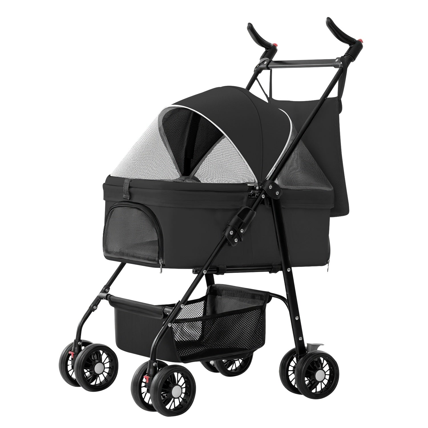 4-Wheel Foldable Pet Stroller with Storage Basket