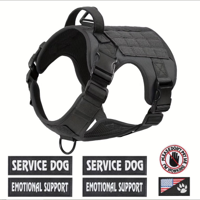 Tactical Service Dog Harness - Adjustable Reflective No-Pull Vest with Metal Buckle