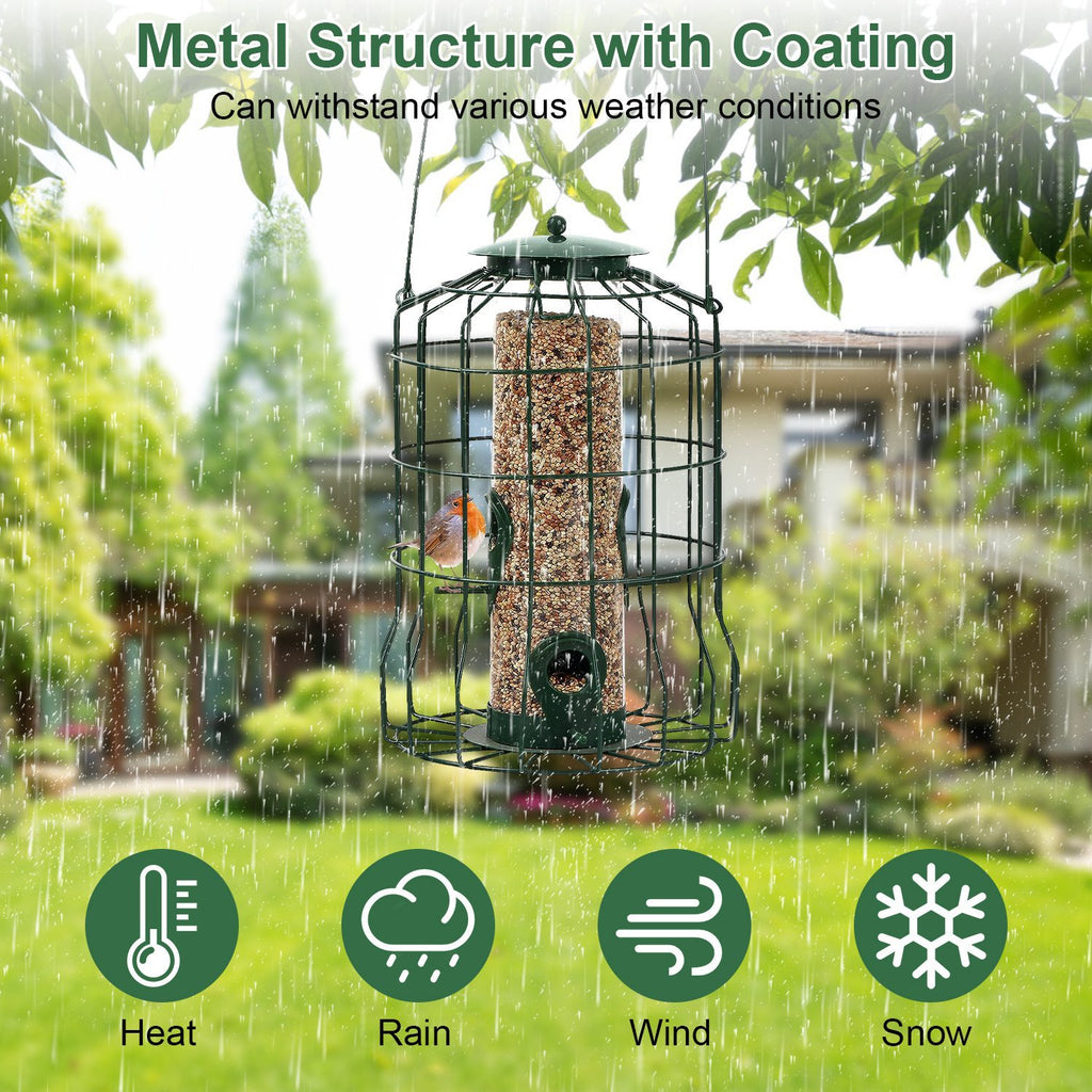 Squirrel-Proof Metal Bird Feeder - Outdoor Hanging Seed Feeder with 4 Feeding Ports