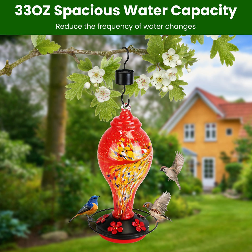 Glass Hummingbird Feeder 33oz - Hand Blown with 5 Feeding Ports