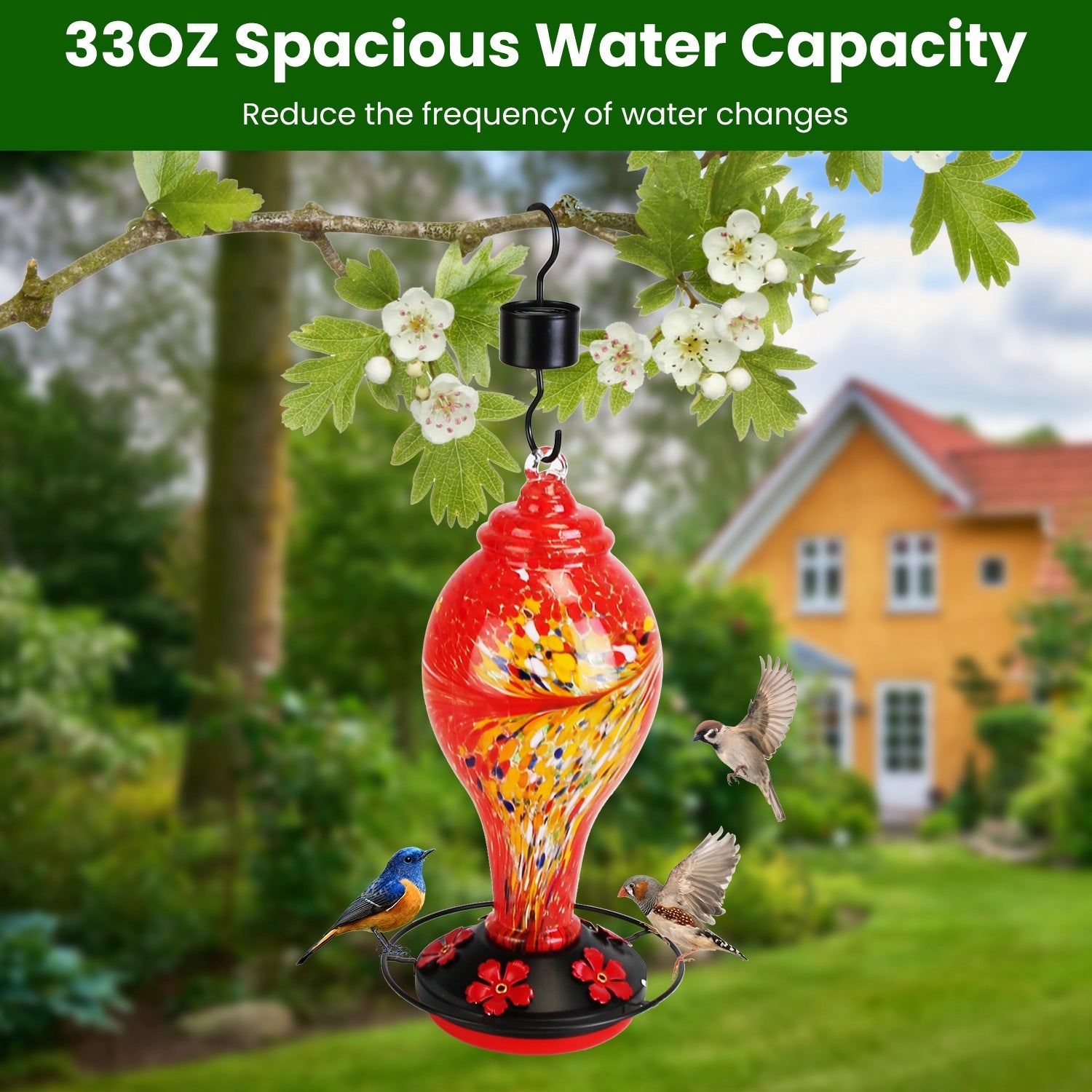 Glass Hummingbird Feeder 33oz - Hand Blown with 5 Feeding Ports