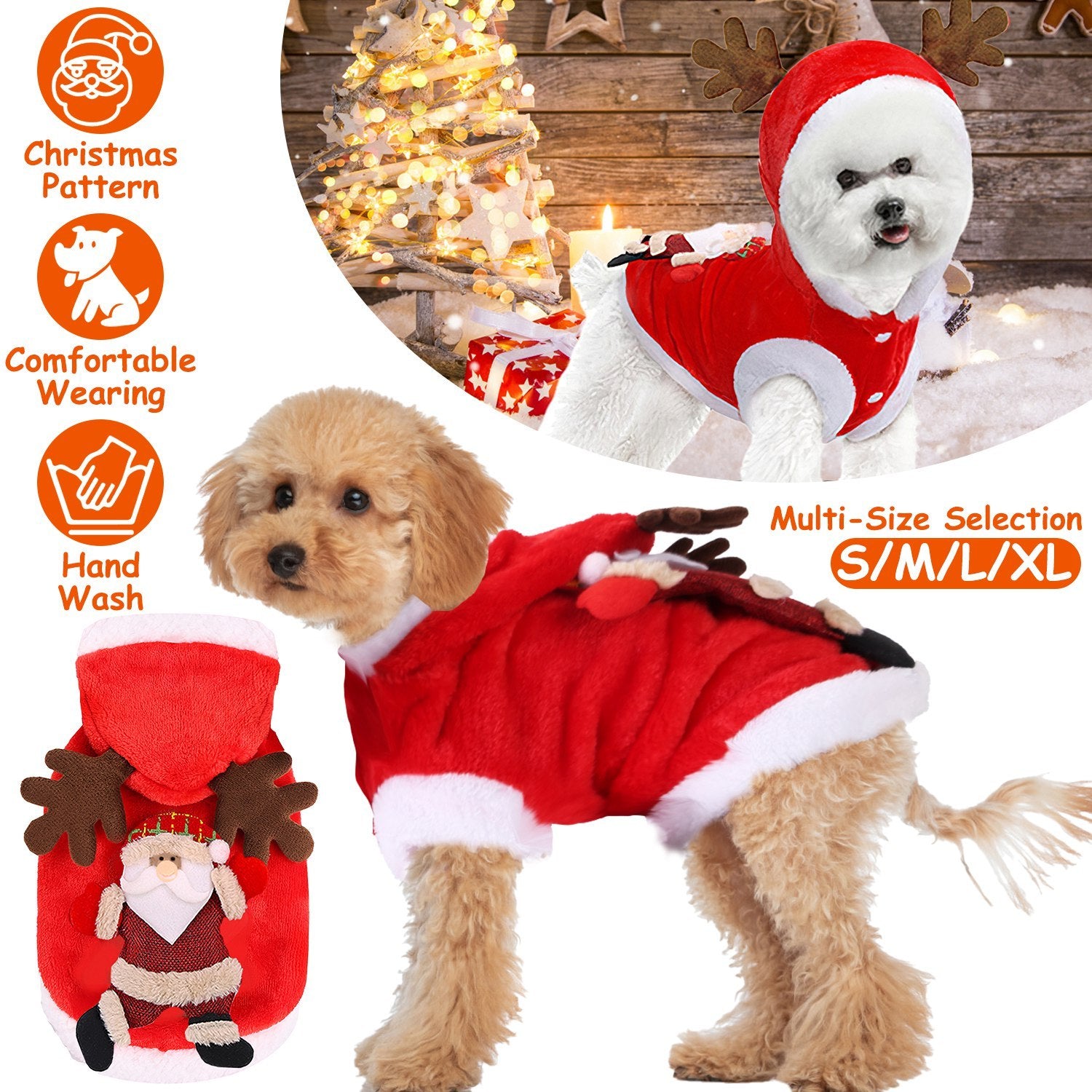Pet Christmas Santa Costume with Reindeer Antlers